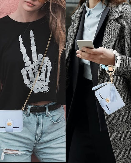 Multi-Purpose Wallet High Capacity Card Holder Zipper Coin Purse with Wristlet Bracelet Keychain Silicone Beaded Bangle Key Ring