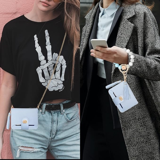 Multi-Purpose Wallet High Capacity Card Holder Zipper Coin Purse with Wristlet Bracelet Keychain Silicone Beaded Bangle Key Ring