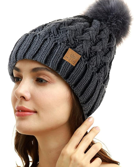 PAGE ONE Womens Winter Ribbed Beanie Crossed Cap Chunky Cable Knit Pompom Soft Warm Hat