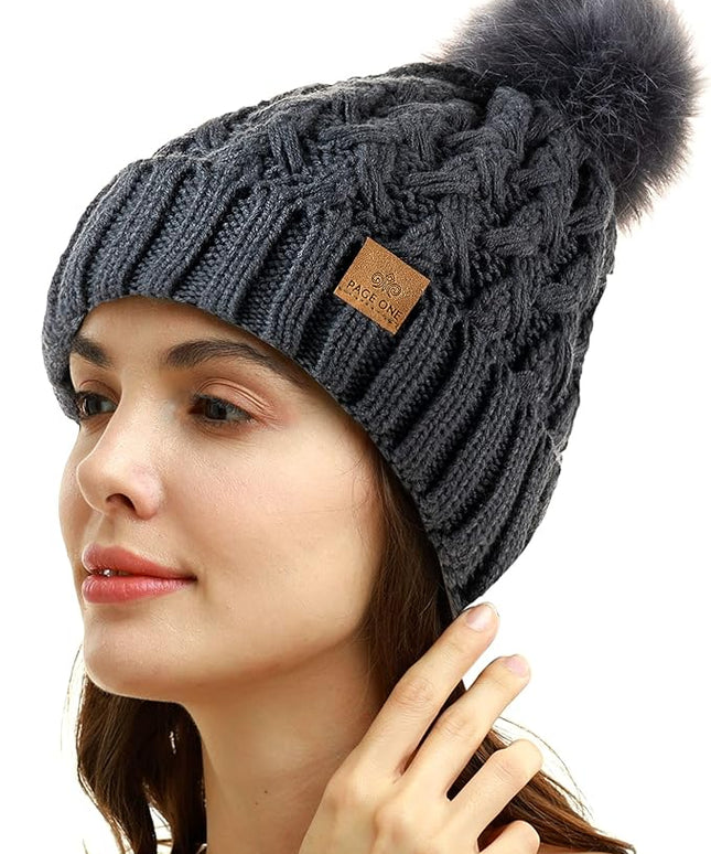 PAGE ONE Womens Winter Ribbed Beanie Crossed Cap Chunky Cable Knit Pompom Soft Warm Hat