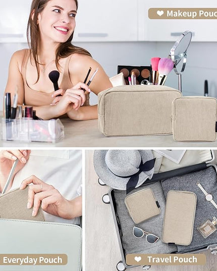 MAGEFY Small Makeup Bag for Purse Mini Cosmetics Bag Corduroy Cute Cosmetic Pouch for Women with Slip-in Pockets