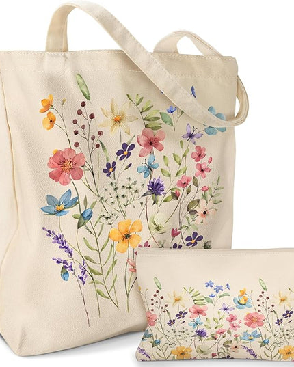 Aesthetic 2 Pack Canvas Tote Bag - with Makeup Pouch Bag for Women Reusable Grocery Bag for Gym, Travel, Work
