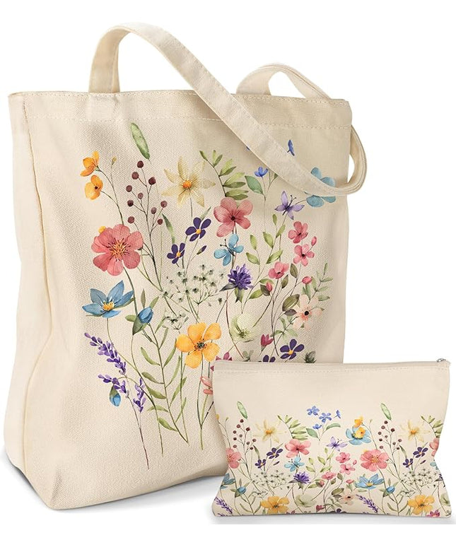 Aesthetic 2 Pack Canvas Tote Bag - with Makeup Pouch Bag for Women Reusable Grocery Bag for Gym, Travel, Work
