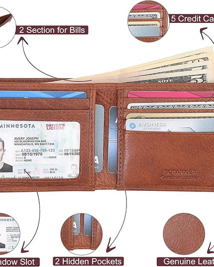 BOTANNER Genuine Leather Mens Bifold Wallet RFID Blocking 5 Credit Card Slots 1 ID Window 2 Sections for Bills 2 Additional Slots | Coffee brown