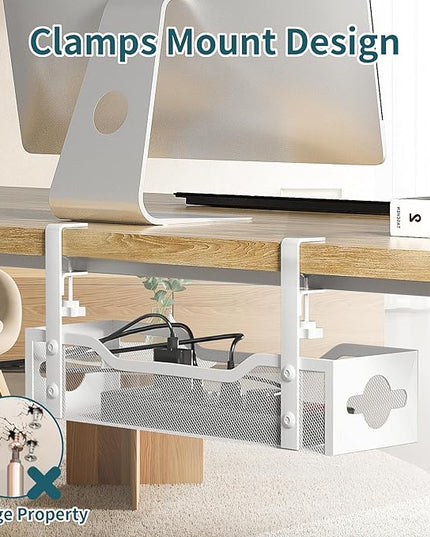 Under Desk Cable Management Tray 2 Pack, No Drill Cable Organizer With Clamp for Standing Desk, Easy to Install Cord Management System, No Damage Wire Organizer