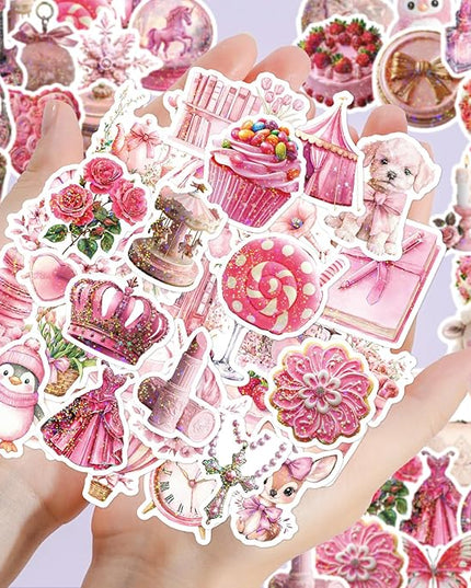 100 PCS Coquette Stickers Pink Aesthetic Stickers Pack, Holographic Thickened Vinyl Cute Stuff Water Bottle Sticker for Girls| Easier to Peel Off| Scratch & Fade Resistant| No Curling| Reusable