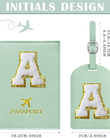 COSHAYSOO Green Passport Cover Holder and Initial Luggage Tag Set TSA Approved with Personalized Monogram Chenille Letter Patch for Women Teen Girls, Cute Travel Bag Suitcase Identifier (A)