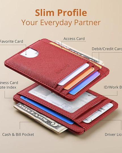 Buffway Slim Minimalist Front Pocket RFID Blocking Leather Wallets for Men and Women - Cross Red