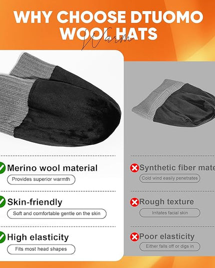 Merino Wool Beanie Hat for Men Women - Thermal Knitted Winter Hat for Large Heads Hiking Running Cap Wrap for Cold Weather