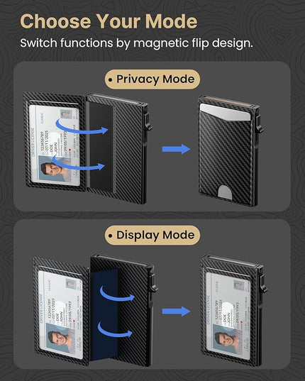 typecase Flip Pop Up Wallet for Men Card Holder: Smart Privacy & ID Display Mode, RFID Blocking, Slim Genuine Leather, Minimalist Front Pocket - 8 Card Capacity | ID Window | Money Clip (Carbon Fiber)