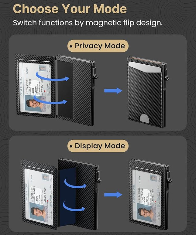 typecase Flip Pop Up Wallet for Men Card Holder: Smart Privacy & ID Display Mode, RFID Blocking, Slim Genuine Leather, Minimalist Front Pocket - 8 Card Capacity | ID Window | Money Clip (Carbon Fiber)