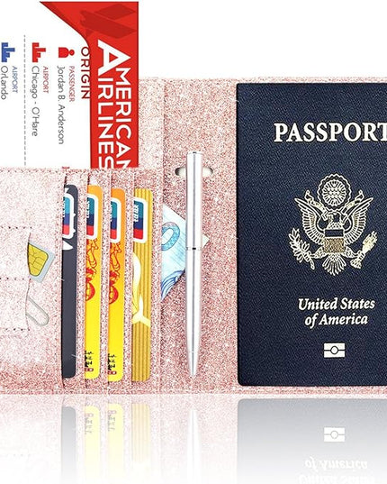 ACdream Passport Holder Cover, Leather Travel Wallet Case, RFID Blocking Document Organizer Protecrtor, with Slots for Credit Cards, Boarding Pass, for Women and Men, Glitter Rose Gold