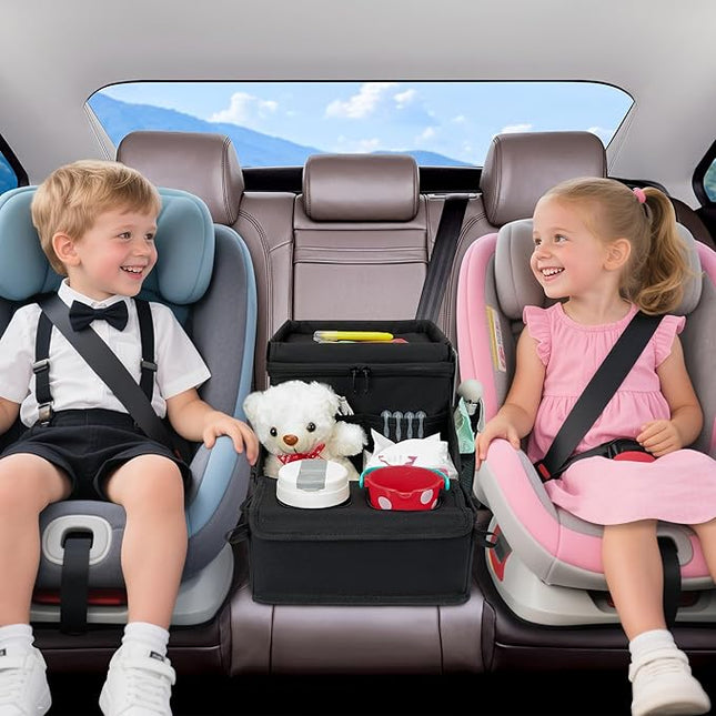 Car Seat Organizer, Backseat Car Organizer with Cup Holder Tray and Storages for Kids and Adults, Portable Travel Cooler for Car for Front or Back Seat Passenger Organizer Ccompartment (Black)