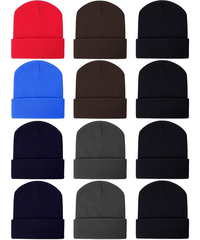 Zhanmai 12 Pack Small Winter Beanie Hats Bulk Warm Knitted Cuffed Skull Cap for Men Women