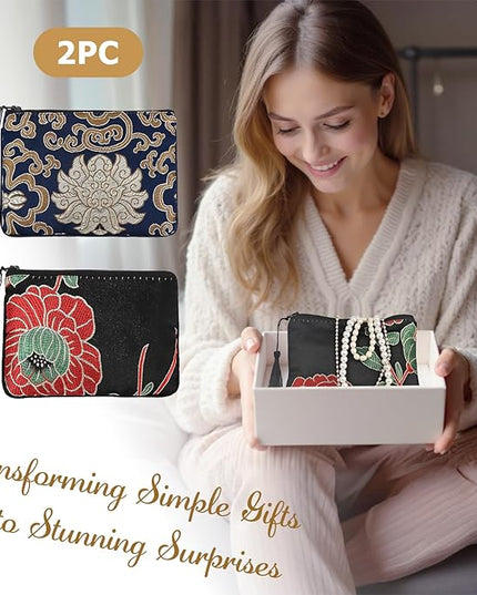 kilofly 2 pc Chinese Silk Brocade Padded Tassel Zipper Jewelry Bag Gift Pouch set2 A
