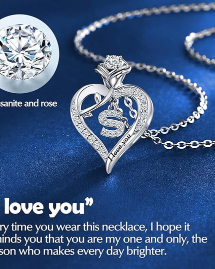 Rose Heart Pendant Necklace Gifts for Wife, Engraved 'I love you' Gift for Wife Girlfriend, Anniversary Birthday Eternity Jewelry Present for Women, Moissanite Necklace Gift for Her