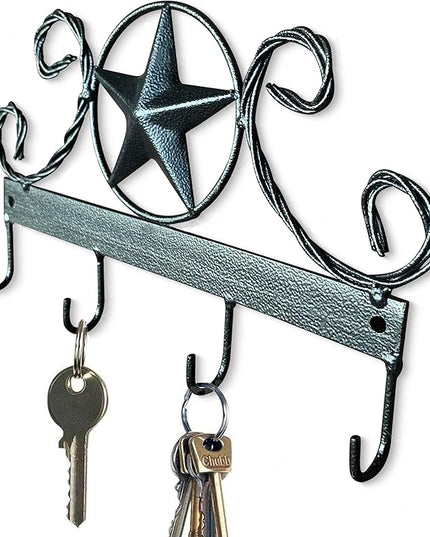 EcoRise Black Texas Country Western Key Holder - Rustic Wall Décor Key Hanger for Home, Vintage Metal Key Hangers for Wall, Star Key Rack Hook Wall Holders, Multiple Hooks for Keys (Black)
