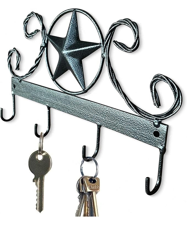 EcoRise Black Texas Country Western Key Holder - Rustic Wall Décor Key Hanger for Home, Vintage Metal Key Hangers for Wall, Star Key Rack Hook Wall Holders, Multiple Hooks for Keys (Black)