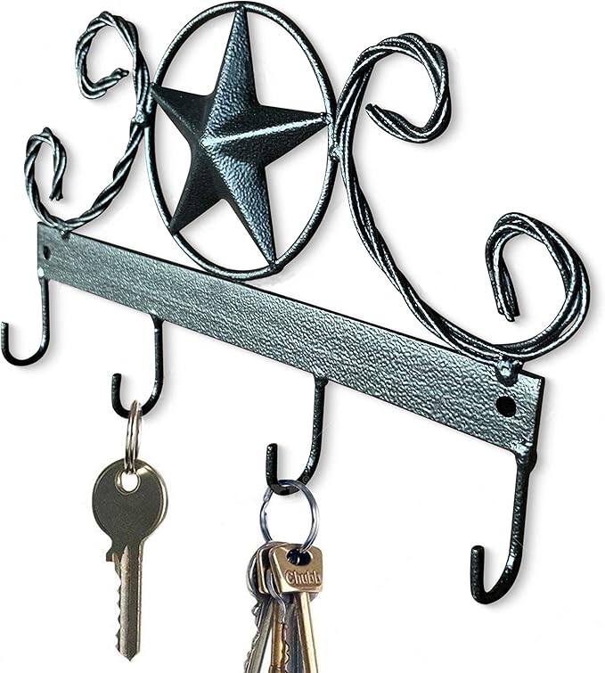 EcoRise Black Texas Country Western Key Holder - Rustic Wall Décor Key Hanger for Home, Vintage Metal Key Hangers for Wall, Star Key Rack Hook Wall Holders, Multiple Hooks for Keys (Black)