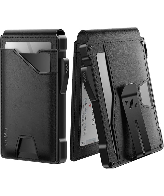 typecase Tactical Wallet for Men Card Holder: Pop Up Card Case, Genuine Leather, Smart, RFID Blocking, Slim, Minimalist, Thin, Front Pocket - 9-13 Card Capacitiy, ID Window, Money Clip (Black)