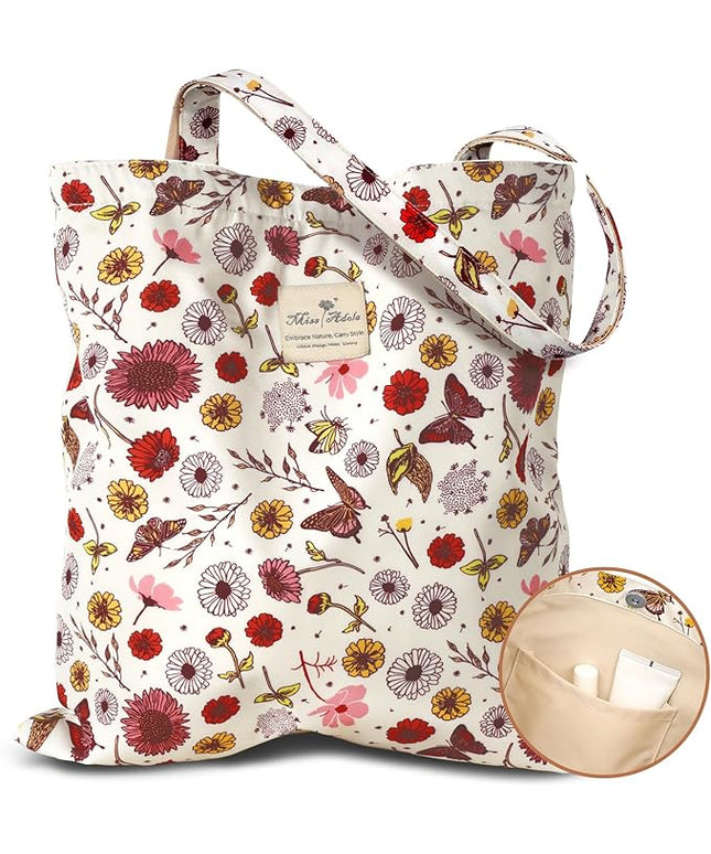 Aesthetic Cotton Tote Bag for Women - Reusable Shoulder Bag with Buckle Fabric Bag for Gym, Travel, Work