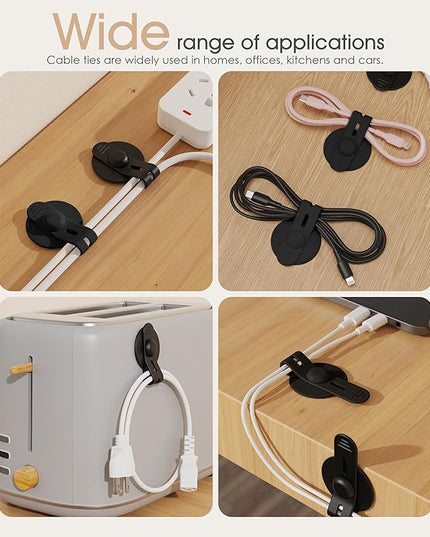 Nearockle Cable Management Under Desk, Adjustable Self-Adhesive Silicone Cable Ties Cord Organizer, Reusable Heavy-Duty Cord Holder Under Table for Office, Home, School (20Pcs-Black)