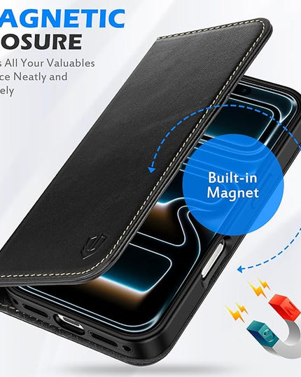 SHIELDON Case for iPhone 17 Pro 6.3-inch 2025 | Genuine Leather | Wallet Design | Flip Magnetic | Kickstand | RFID Blocking Card Holder | Shock Absorption Phone Cover for Women Men | Retro Black