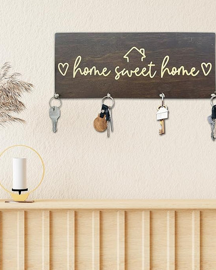 Yhtmbf Sweet Home Wooden Key Holder for Wall - 5"x10" Key Organizer Hanger with 4 Hooks for Front Door Hallway Entryway Kitchen - Home Office Decor & Housewarming Gifts Supplies - A06