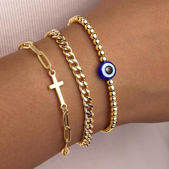 Gold Bracelets Set for Women Stack, Dainty Thick Bracelets Stack for Women Trendy, Simple Thin Gold Plated Cuff Stackable Bracelets With Beaded Cuban Paperclip Snake Rope Bangle Hand Chain Jewelry Gifts for Women Non Tainish