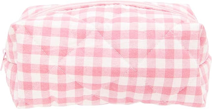 PAZIMIIK Cozy Makeup Bag Travel Cosmetic Bag for Women Soft Toiletry Bag Aesthetic Makeup Organizer Portable Large Zipper Pouch for Skincare Beauty Accessories Brushes Pink Checkered