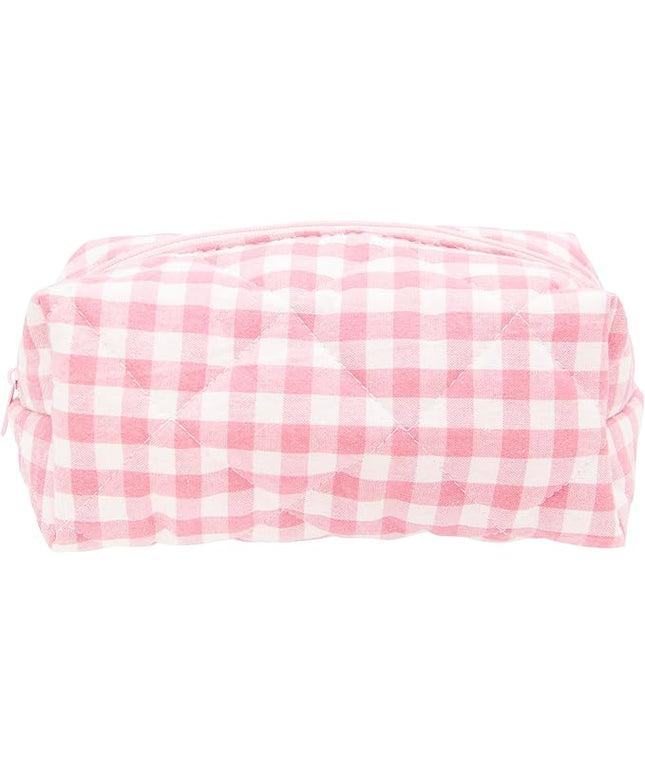 PAZIMIIK Cozy Makeup Bag Travel Cosmetic Bag for Women Soft Toiletry Bag Aesthetic Makeup Organizer Portable Large Zipper Pouch for Skincare Beauty Accessories Brushes Pink Checkered