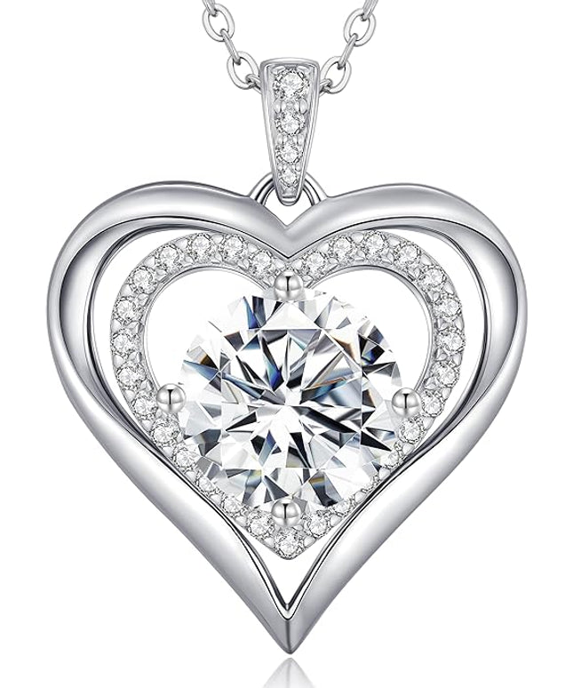 ANDSO Moissanite Heart Pendant Necklaces for Women, 925 Sterling Silver Necklace Engraved with 'I LOVE YOU', Ideal Anniversary Birthday Christmas Jewelry Gifts for Mom Wife Girlfriend Daughter Her