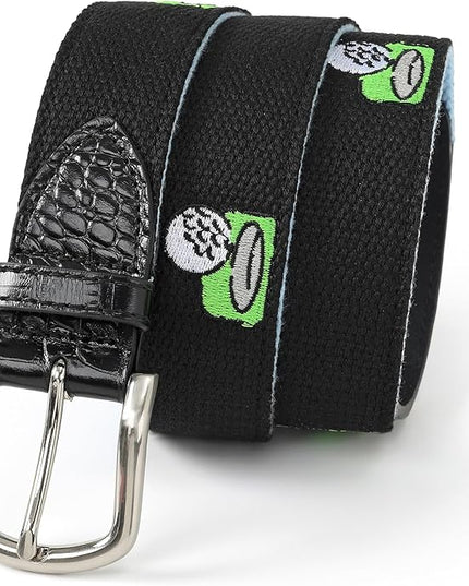 Mile High Life Golf Belts for Men, Canvas Belt with Genuine Leather Tips, Embroidered 2 Layer Web Belt with Pin Buckle