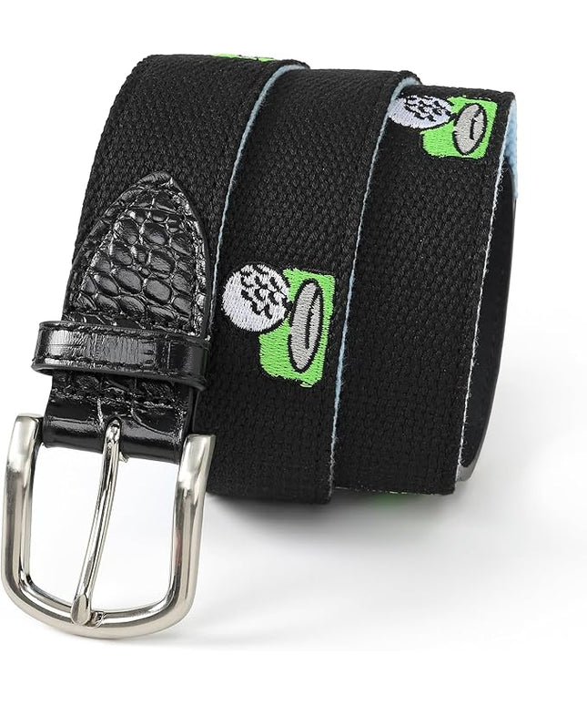 Mile High Life Golf Belts for Men, Canvas Belt with Genuine Leather Tips, Embroidered 2 Layer Web Belt with Pin Buckle