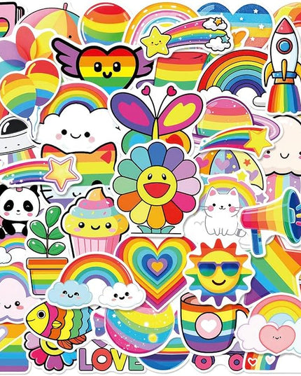 50PCS Rainbow Stickers, Waterproof Vinyl Decals Cute Water Bottle Stickers for Notebooks, Stationery, Luggage, Cartoon PVC Happy Stickers