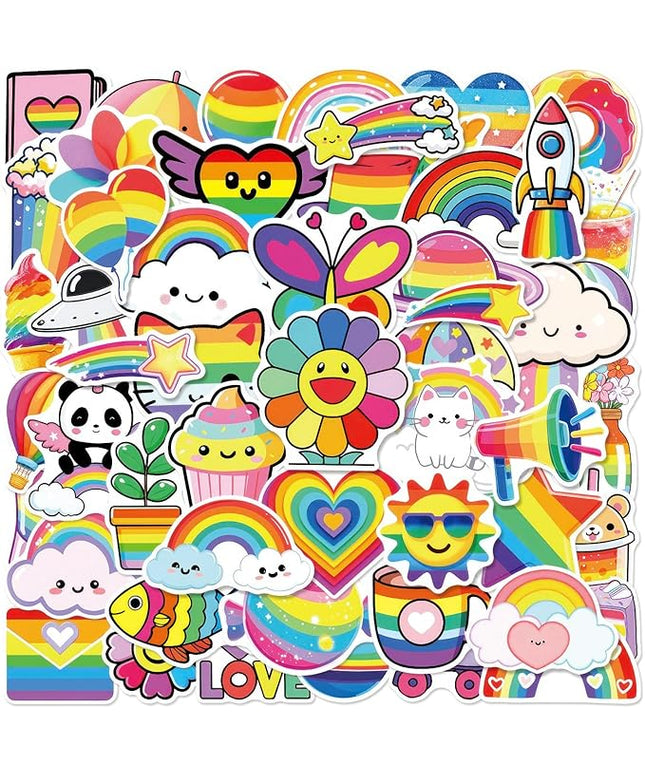50PCS Rainbow Stickers, Waterproof Vinyl Decals Cute Water Bottle Stickers for Notebooks, Stationery, Luggage, Cartoon PVC Happy Stickers