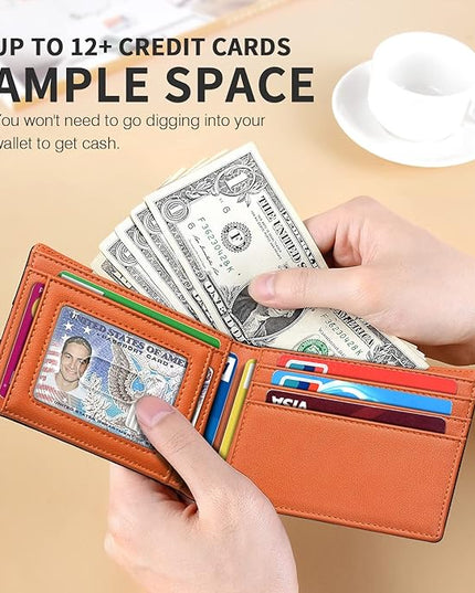 RUNBOX Wallet for Men Slim 11 Credit Card Holder Slots Leather RFID Blocking Small Thin Men's Wallet Bifold Minimalist Front Pocket Large Capacity Gift Box