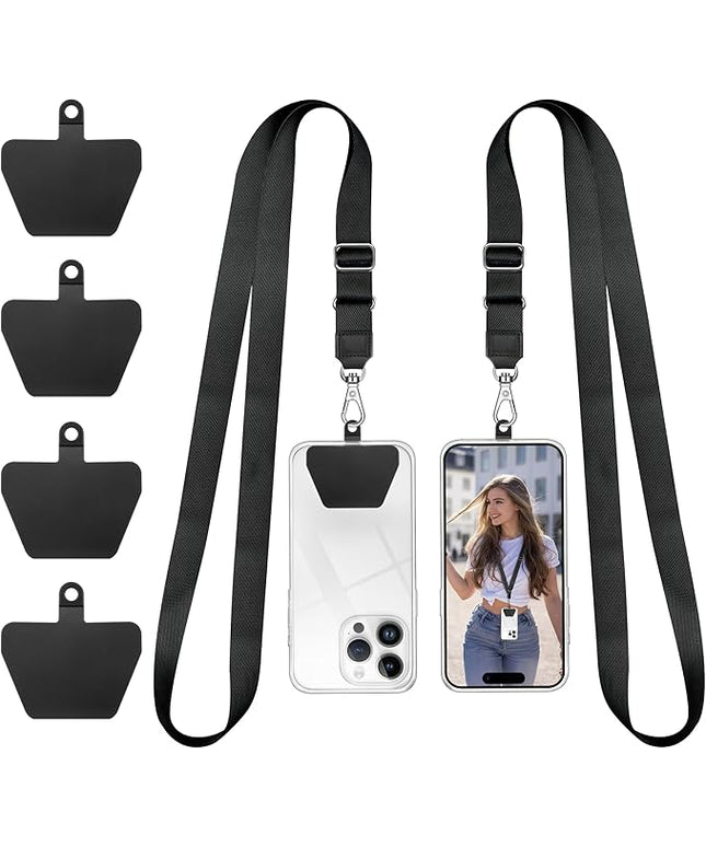 Doormoon Phone Lanyard, Adjustable Neck Strap with 4 TPU Patch for Phone Case Keys ID Badges Universal Cell Phone Lanyard Compatible with iPhone, Samsung, Most Smartphones, 2 Pack, Black Black
