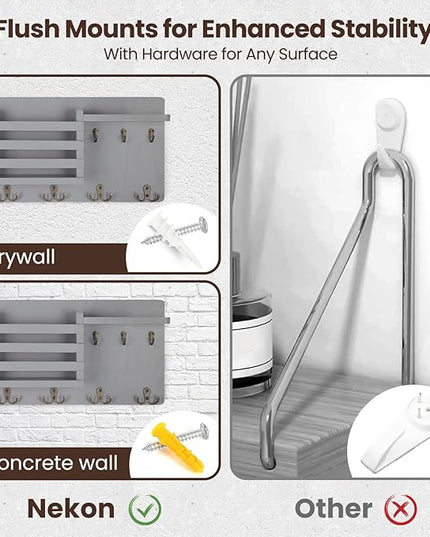 Nekon Mail Holder for Wall Mail Organizer with Key Hooks Hallway Farmhouse Decor Storage Racks with Floating Shelf and Flush Mount Hardware (16.8Inch x 10Inch x 3.2Inch) (Gray)
