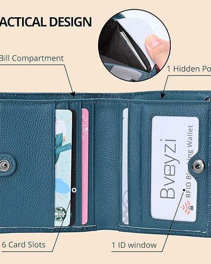 Bveyzi Ultra Slim Small RFID Wallet for Women, Leather Tiny Thin Bifold Pocket Ladies Wallet