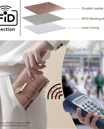 yiijay Small Wallet Women RFID Blocking Leather Bifold Wallet Credit Card Holder for Women Ladies Compact Wallet Mini Purse With Zipper Pocket
