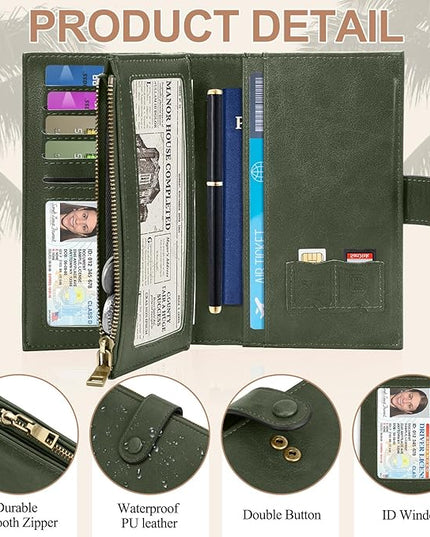 BKNOOU Passport Holder Rfid Blocking Travel Passport Wallet for Women and Men, Compact Leather Travel Wallet Trifold Clutch Wallet, Passport Cover Holds Cards, Tickets, Cash and Pen