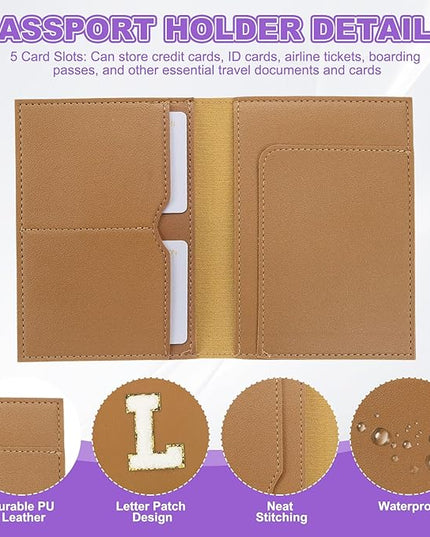PATIKIL Passport Holder for Travel, Initial Passport Cover and Luggage Tag Set with Alphabet Chenille Letter Patch Travel Wallet Bag Suitcase Identifier for Women Family Travel Brown L