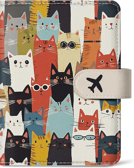 Passport Holder for Travel Essentials, RFID Blocking Leather Cover Wallet with Magnetic Closure, Aesthetic & Cute Passport Book Case for Women and Men - Cat