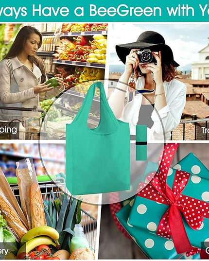 BeeGreen Groceries Reusable Bags for Shopping Compact Cute Solid Color Cloth Grocery Totes Set of 12 Fold up Packable Recycling Shopper Baggies w Zipper Carry Pouch for Supermarket
