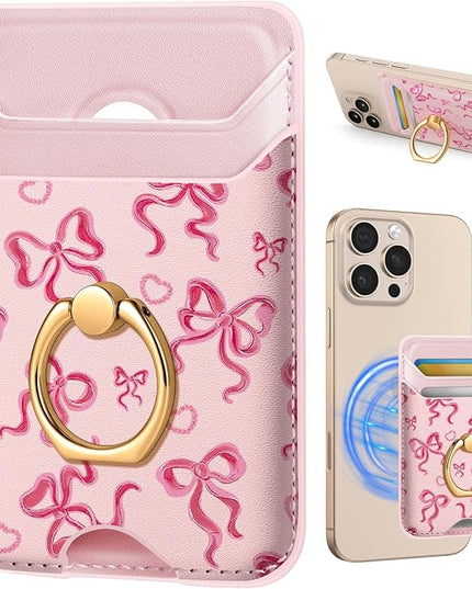 Shorogyt Compatible with Magsafe Wallet Magnetic Card Holder - Phone Wallets with Ring Grip Stand Cute Fashion for iPhone 17/16/15/14/13/12 Series for Women Girls Pk Butterfly Design, Fit 3 Cards