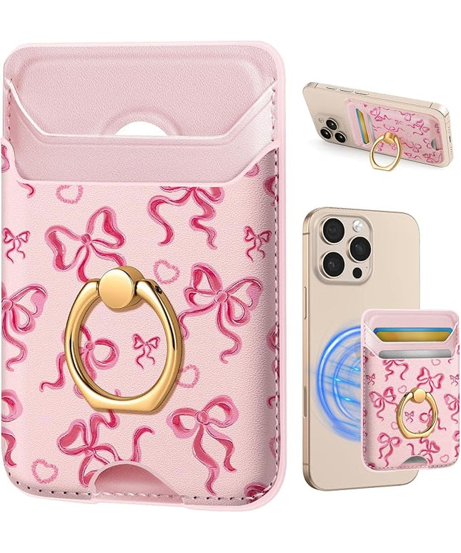 Shorogyt Compatible with Magsafe Wallet Magnetic Card Holder - Phone Wallets with Ring Grip Stand Cute Fashion for iPhone 17/16/15/14/13/12 Series for Women Girls Pk Butterfly Design, Fit 3 Cards
