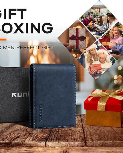 RUNBOX Wallet for Men Slim Leather Bifold RFID Blocking Minimalist Front Pocket Design with Gift Box