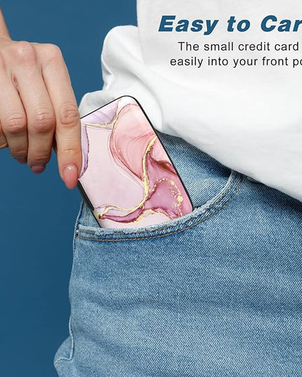 Atufsuat Credit Card Holder, Mini Aluminum Card Wallet RFID Blocking Slim Metal Hard Card Case for Women Men, Pink Marble