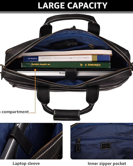LEATHER VILLAGE 16" Leather Laptop Messenger Briefcase Bag for Men-Leather Satchel for Travel and Office Shoulder Bag-Black